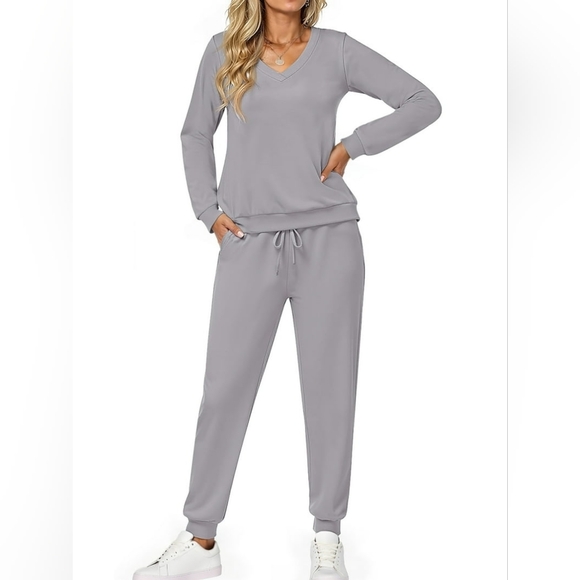 Casual V-Neck Drawstring Jumpsuit -  Gray Blue - Picture 2 of 3